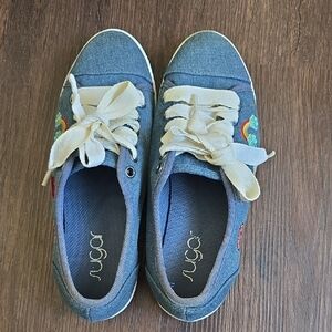 Sugar Denim Lace-Up Sneakers with Rainbow Accent - Blue